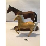 TWO ROYAL DOULTON HORSES, ONE ON MAHOGANY BASE, THE LARGEST 27CM