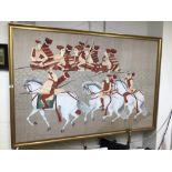 LARGE PAINTING ON SILK OF EASTERN SOLDIERS SOME ON HORSEBACK, FRAMED 175 X 110
