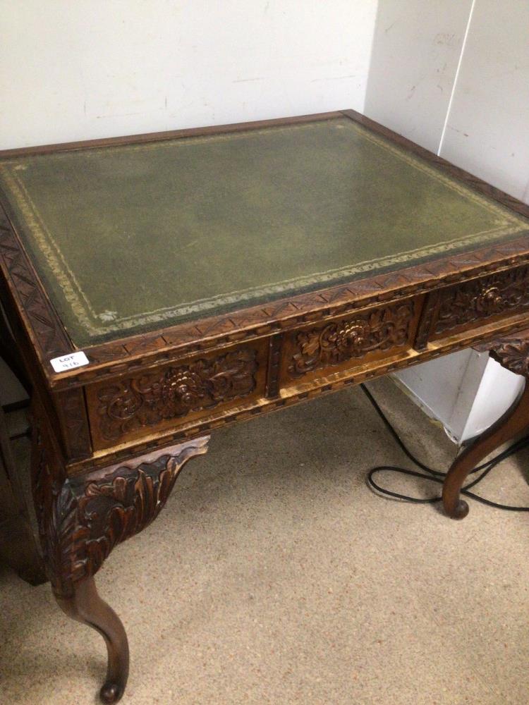 HEAVY CARVED OAK WRITING DESK WITH GREEN LEATHER TOP WITH THREE DRAWERS - Image 5 of 6