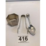 HALLMARKED SILVER HEXAGONAL NAPKIN RING, HALLMARKED SILVER TEASPOON (BOWLING BALL) AND HALLMARKED