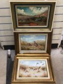 THREE KELLY SWANSTON SIGNED OIL ON CANVASES DEPICTING SCENES OF BIRDS WITH GILT-FRAMED. KELLY WAS