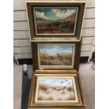 THREE KELLY SWANSTON SIGNED OIL ON CANVASES DEPICTING SCENES OF BIRDS WITH GILT-FRAMED. KELLY WAS