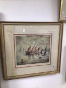 L. S. LOWRY SIGNED SAILING BOATS PRINT FRAMED AND GLAZED, 59 X 55CM