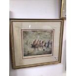 L. S. LOWRY SIGNED SAILING BOATS PRINT FRAMED AND GLAZED, 59 X 55CM