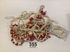 COLLECTION OF VINTAGE CULTURED PEARLS, CORAL, AND IVORY NECKLACES/BRACELETS X12