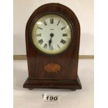 EDWARDIAN INLAID MAHOGANY DOME TOP MANTEL CLOCK, 20CM