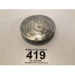 EASTERN 833 SILVER ENGRAVED CIRCULAR 'JERUSALEM' SNUFF BOX, 6CM, 23GRAMS