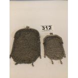 TWO HALLMARKED SILVER MESH PURSES, THE LARGEST 10CM