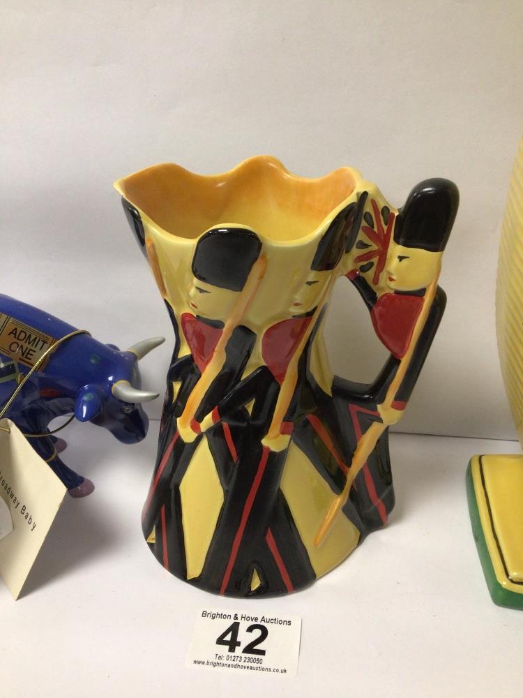 TWO ART DECO JUGS, BURLEIGH WARE, THE LARGEST 27CM WITH A CERAMIC BROADWAY BABY COW - Image 3 of 6