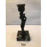 19TH CENTURY FRENCH BRONZE CANDLESTICK ON A CHILD FIGURAL SUPPORT, 23CM
