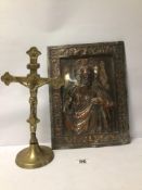 SILVER PLATE ON COPPER PLAQUE OF CHRIST WITH A BRASS CRUCIFIX, 31 X 24CM