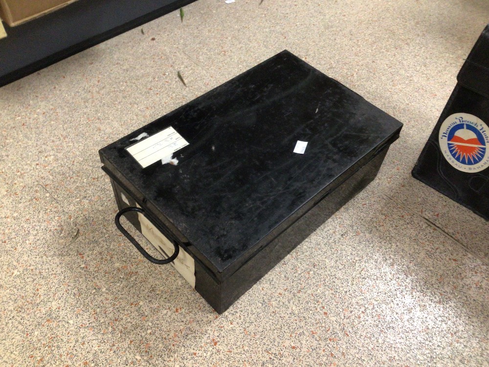 TWO BLACK METAL STRONG BOXES WITH A VINTAGE BLACK CARRY CASE - Image 6 of 6