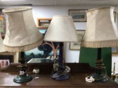 THREE VINTAGE WOODEN PAINTED TABLE LAMPS, THE LARGEST 46CM