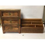 THREE DRAWER WOODEN CHEST WITH BRASS DETAIL AND A WOODEN DESK TIDY