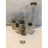 FIVE SILVER TOP BOTTLES WITH A WHITE METAL PERFUME BOTTLE