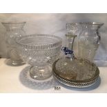 A QUANTITY OF HOBNAIL CUT GLASS, DECANTER, COMPORT AND VASES, THE LARGEST 25CM