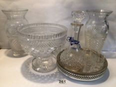 A QUANTITY OF HOBNAIL CUT GLASS, DECANTER, COMPORT AND VASES, THE LARGEST 25CM