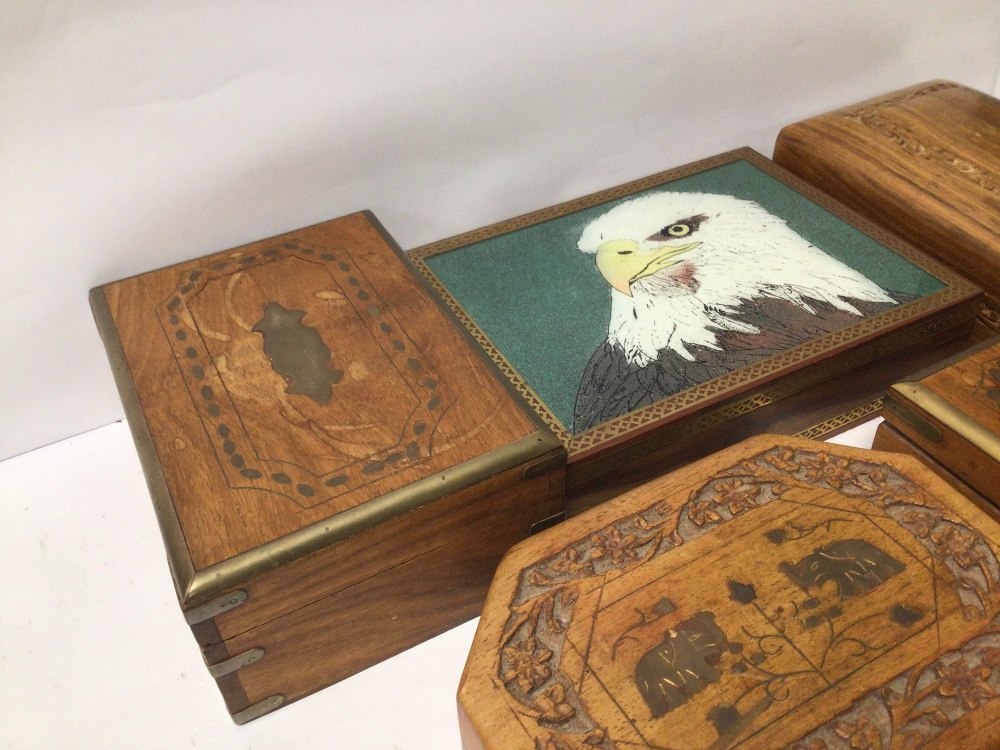 FIVE VINTAGE WOODEN BOXES, INCLUDES A BOX WITH AN EAGLE TO THE TOP - Image 5 of 7