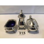 HALLMARKED SILVER THREE PIECE CONDIMENT SET WITH CAST BORDERS BY GARRARD AND CO