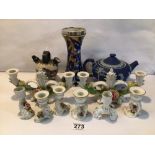 MIXED CERAMICS, DRESDEN CANDLESTICKS, WEDGEWOOD TEAPOT AND MORE