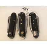 THREE MILITARY PEN KNIVES