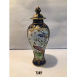 ANTIQUE CROWN STAFFORDSHIRE VASE AND COVER HAND-PAINTED WITH EXOTIC BIRDS WITHIN BLUE SCALE AND GILT