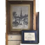 LARGE FRENCH CHARCOAL DRAWING (DIIJON) FRAMED AND GLAZED, 49 X 35CM WITH A PENCIL DRAWING BY F.B.