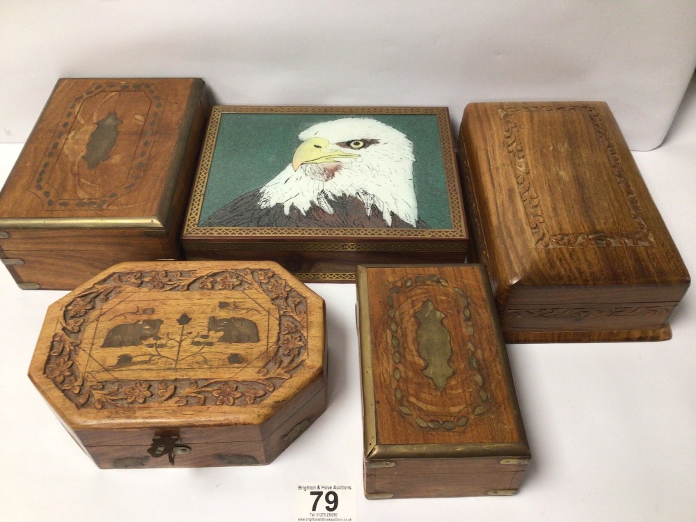 FIVE VINTAGE WOODEN BOXES, INCLUDES A BOX WITH AN EAGLE TO THE TOP - Image 2 of 7