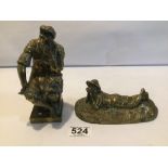 TWO HEAVY ANTIQUE BRASS FIGURES, A ROMAN SOLDIER SEATED AND A BOY LYING DOWN, THE LARGEST 16CM