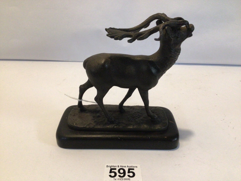 SMALL SPELTER ANIMAL FIGURE OF A STAG ON A PLINTH, 15 X 15CM