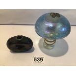 TWO JOHN DITCHFIELD GLASS ITEMS, MUSHROOM WITH A SILVER BUTTERFLY AND ONE OTHER