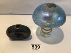 TWO JOHN DITCHFIELD GLASS ITEMS, MUSHROOM WITH A SILVER BUTTERFLY AND ONE OTHER