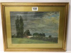 UNSIGNED OIL ON CANVAS DEPICTING A LANDSCAPE, GILT-FRAMED AND GLAZED, BEING 41CM X 31CM