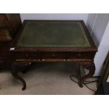 HEAVY CARVED OAK WRITING DESK WITH GREEN LEATHER TOP WITH THREE DRAWERS