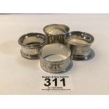 FOUR HALLMARKED SILVER NAPKIN RINGS, 65GRAMS