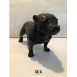 A BRONZE SCULPTURE OF A STAFFORDSHIRE BULL TERRIER, 35 X 20CM