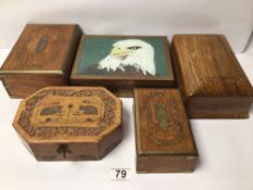 FIVE VINTAGE WOODEN BOXES, INCLUDES A BOX WITH AN EAGLE TO THE TOP