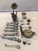 MIXED QUANTITY OF SILVER/WHITE METAL ITEMS, POCKET WATCH KNIVES REST, HAT PINS AND MORE