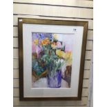 SHIRLEY TREVENA (R1) SIGNED WATERCOLOUR TITLED MIXED FLOWERS IN A BLUE GLASS VASE FRAMED AND