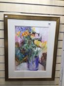 SHIRLEY TREVENA (R1) SIGNED WATERCOLOUR TITLED MIXED FLOWERS IN A BLUE GLASS VASE FRAMED AND