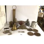 MIXED METALWARE ITEMS, THERMOMETER TEA CADDY POWDER FLASK, BELL AND MORE