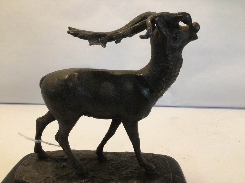 SMALL SPELTER ANIMAL FIGURE OF A STAG ON A PLINTH, 15 X 15CM - Image 3 of 4