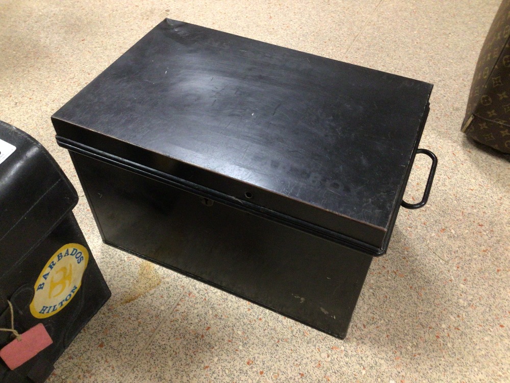 TWO BLACK METAL STRONG BOXES WITH A VINTAGE BLACK CARRY CASE - Image 5 of 6