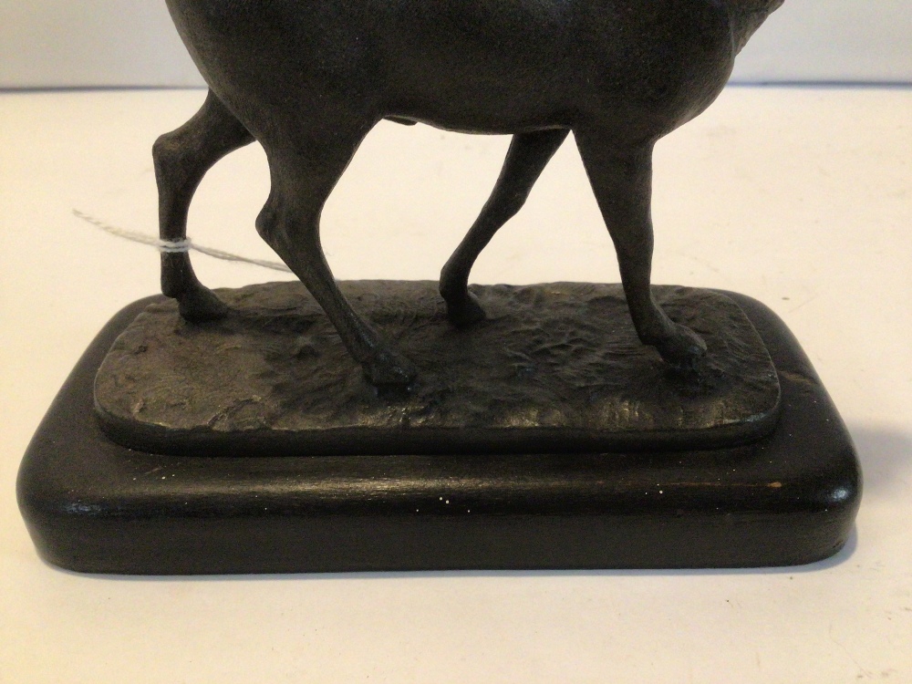 SMALL SPELTER ANIMAL FIGURE OF A STAG ON A PLINTH, 15 X 15CM - Image 4 of 4