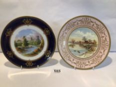 TWO PORCELAIN WALL PLATES (1 X WEDGEWOOD, 1 X AYNSLEY) PAINTED RIVER LANDSCAPES WITHIN GILT BORDERS,