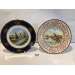 TWO PORCELAIN WALL PLATES (1 X WEDGEWOOD, 1 X AYNSLEY) PAINTED RIVER LANDSCAPES WITHIN GILT BORDERS,