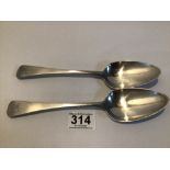 TWO GEORGE III HALLMARKED SILVER TABLESPOONS, 22CM 1800 BY GEORGE SMITH II AND THOMAS HAYTER,