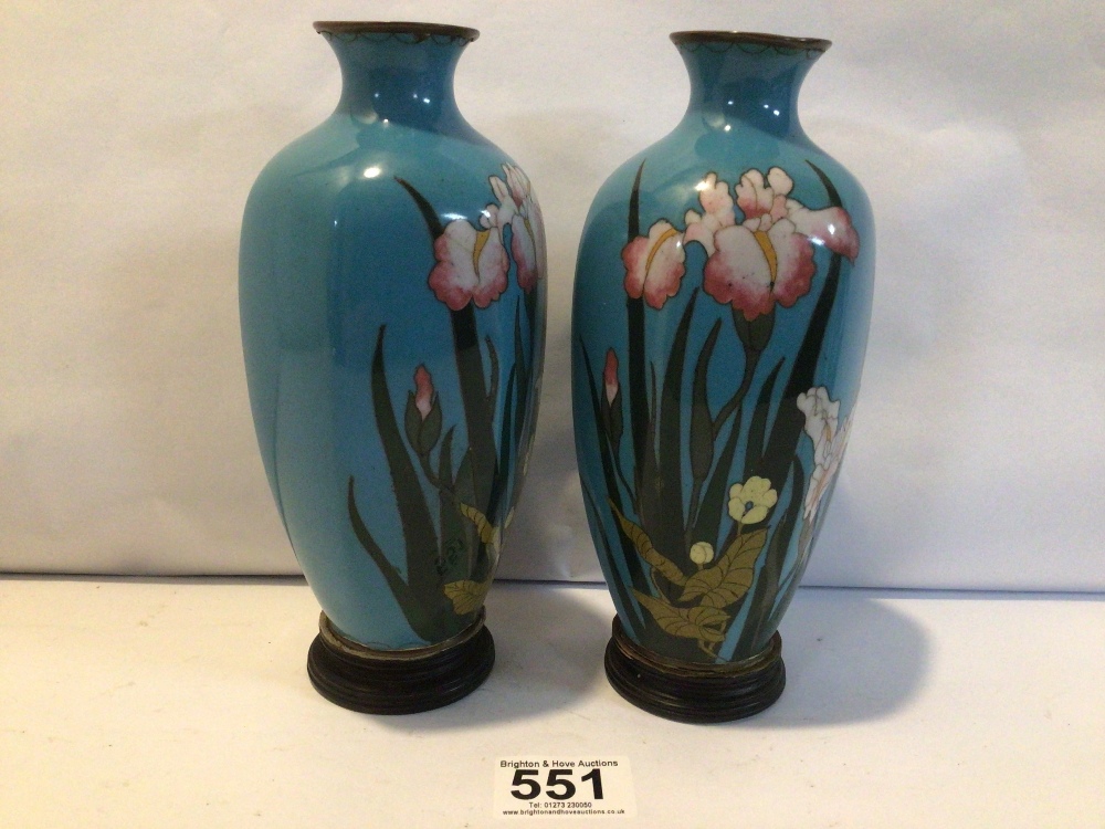 PAIR OF JAPANESE CLOISONNE ENAMEL VASES DECORATED IRIS ON A BLUE GROUND, 20CM (1 A/F)