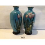 PAIR OF JAPANESE CLOISONNE ENAMEL VASES DECORATED IRIS ON A BLUE GROUND, 20CM (1 A/F)
