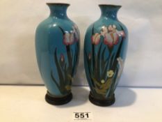 PAIR OF JAPANESE CLOISONNE ENAMEL VASES DECORATED IRIS ON A BLUE GROUND, 20CM (1 A/F)